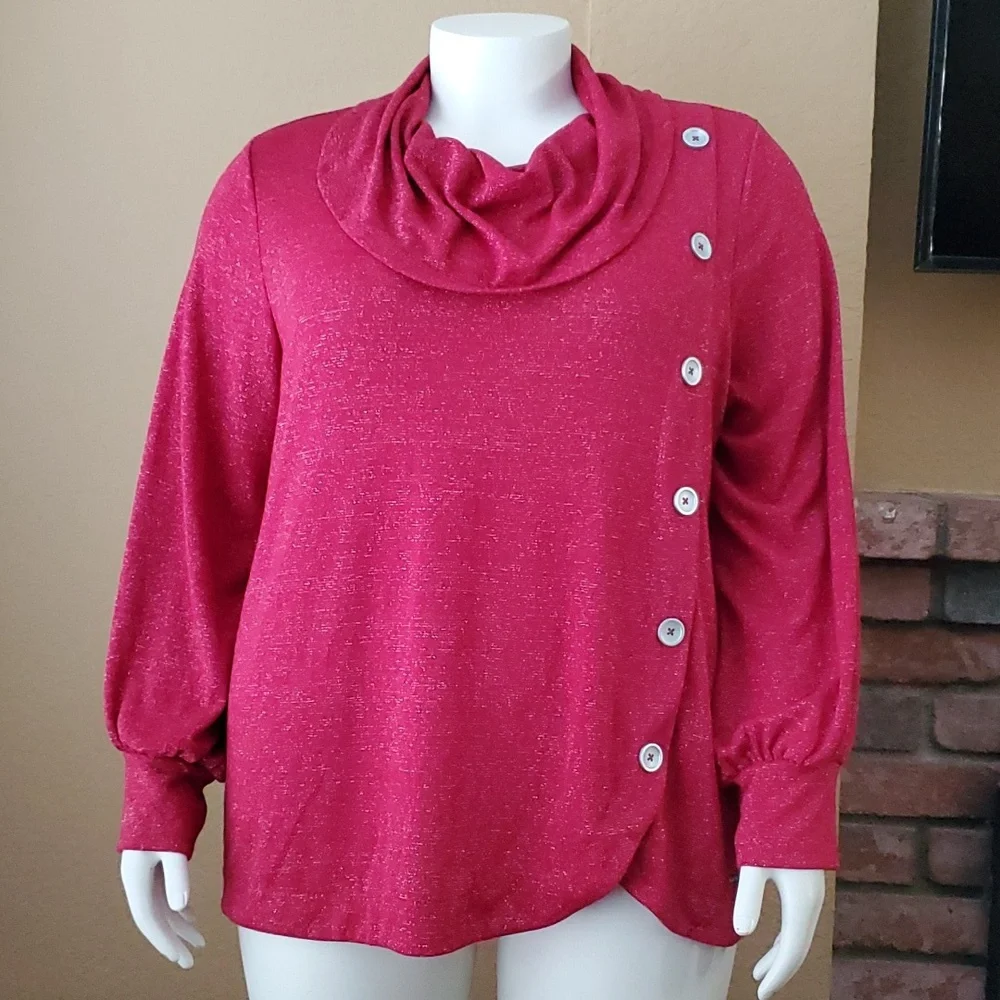 ADRIENNE VITTADINI Red Cowl Metallic Thread Long Sleeve Sweater SIZE: 2X
